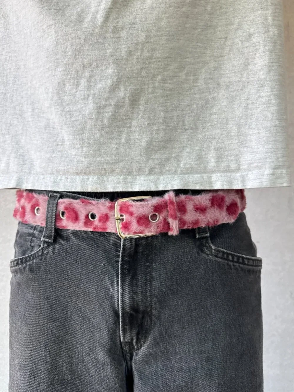 Pink Leopard Plush Faux Fur Belt Silver Eyelets